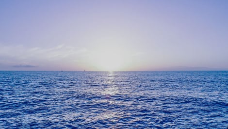 Low sun on the horizon, casting a bright reflection on the water's surface, and with gentle waves